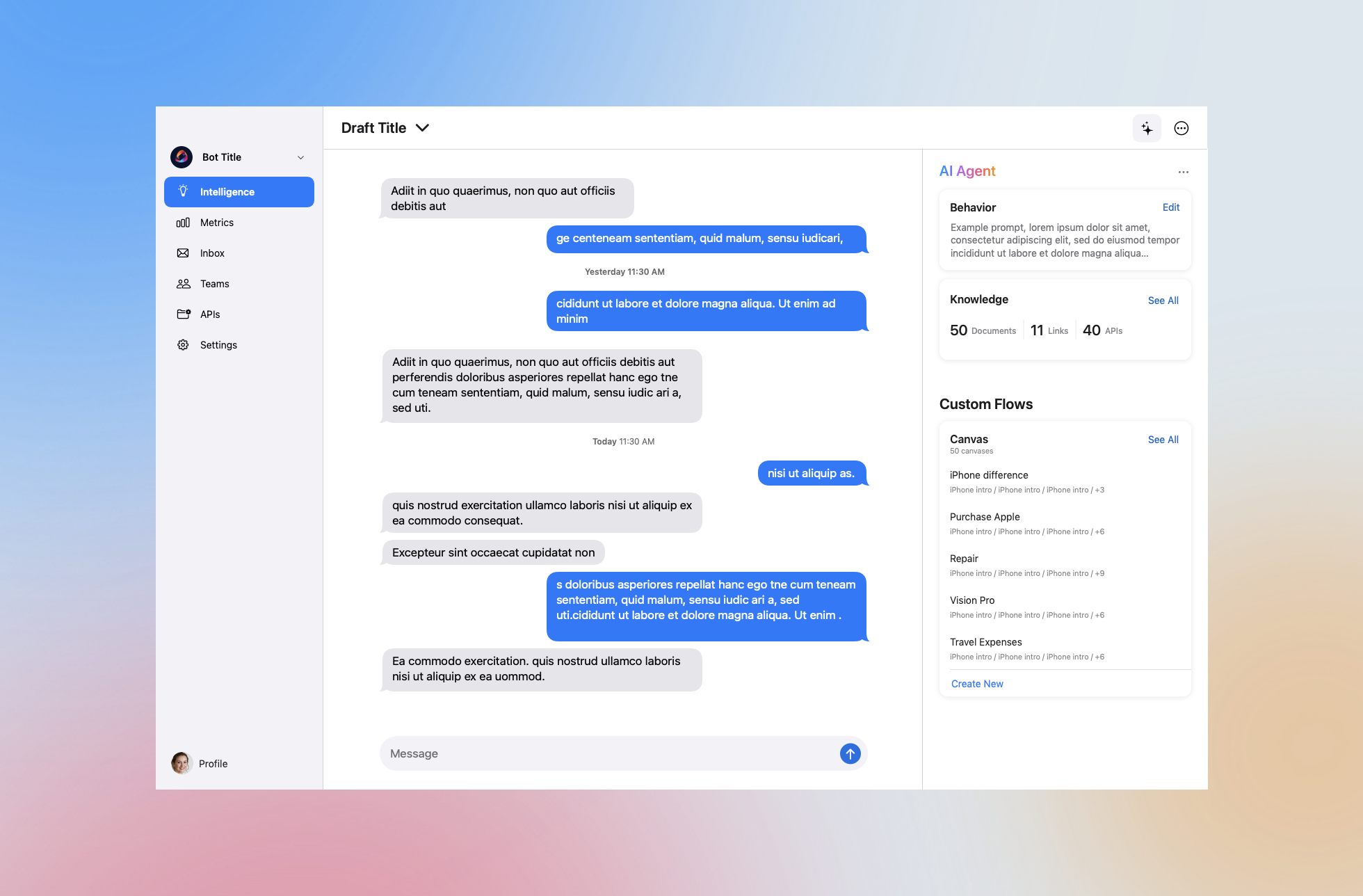 ChatKit conversation builder interface showing AI agent panel, custom flows, and knowledge management