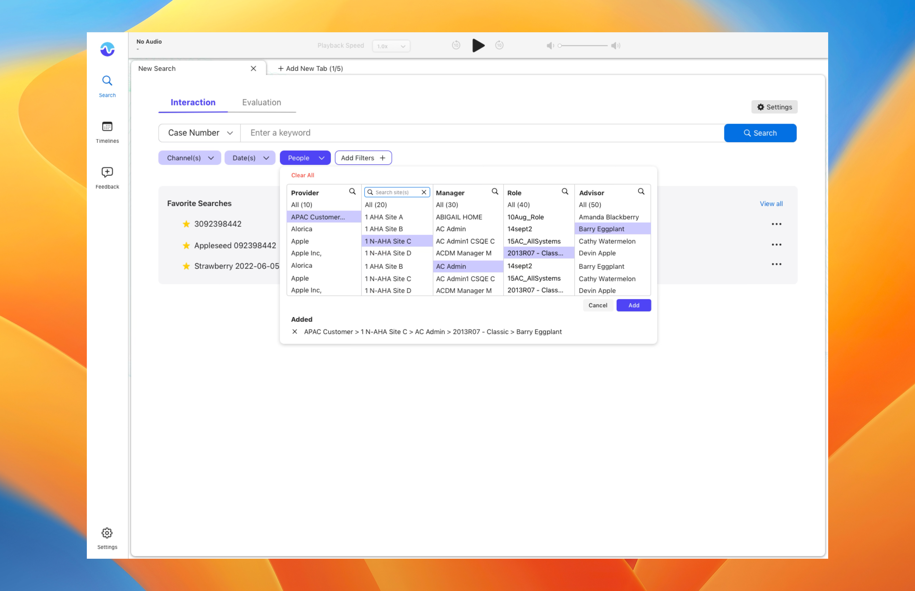 Unified search interface showing inline filters, favorite searches, and people filter panel